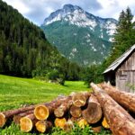 brown logs on grass field